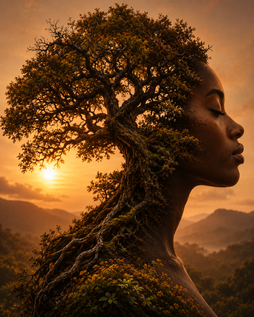 A woman in profile with a tree growing from her silhouette against a golden sunset